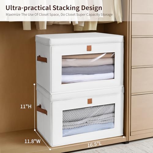Homsorout Large Clothing Storage Bins - Collapsible Boxes with Handles & Window, Decorative Organizer Bins with Lids, Fabric Containers for Living Room, Dorm, 2 Pack, White - Image 3