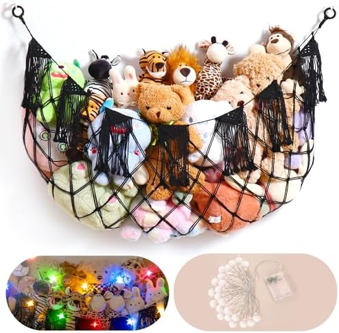 Boho Stuffed Animal Hammock, Falt Wall or Corner Hanging, Black, L by MORCCO