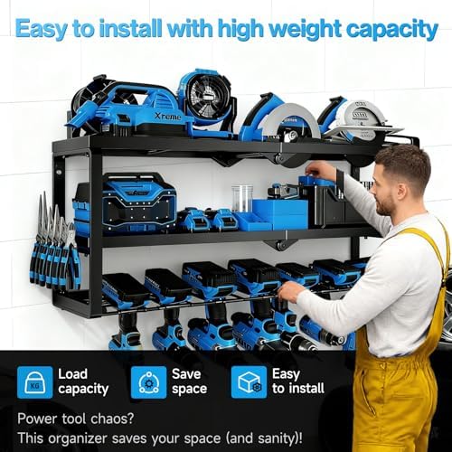 Heavy Duty Power Tool Organizer Wall Mount - 3 Tier Metal Tool Rack with 7 Drill Holders, 300LB Capacity for Garage, Workshop, Pegboard Storage - Image 6