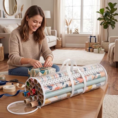 Whitmor Gift Wrap Storage Organizer with Handles & Zipper, 31", Clear/White - Image 4