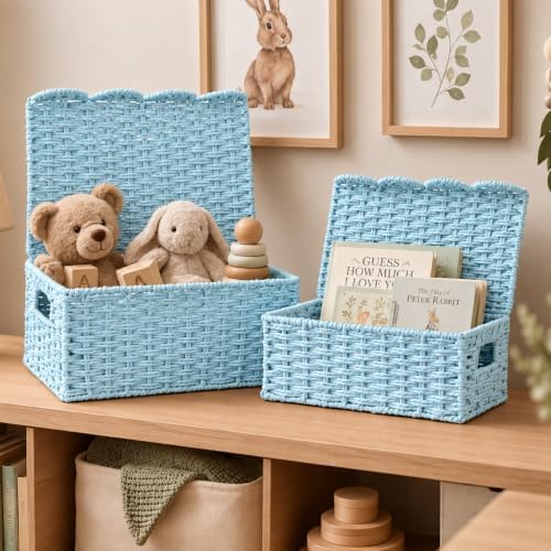 Set of 2 Scalloped Baskets, Paper Rope Wicker Baskets with Lids, Blue - Image 6