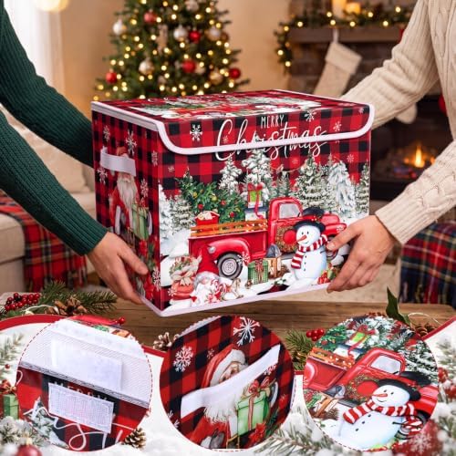 Briwooody Red Plaid Christmas Storage Bin with Lid and Carrying Handle - Image 4