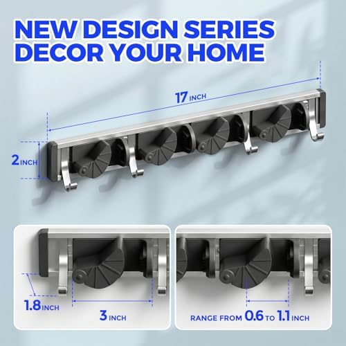 Holikme Mop Broom Holder Wall Mount Metal Pantry Organization and Storage Garden Kitchen Tool Organizer Wall Hanger for Home Goods (4 Positions with 4 Hooks, Black) - Image 6