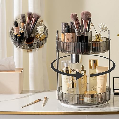 shuang qing Rotating Makeup Organizer for Vanity, High-Capacity Skincare Clear Make Up Storage Perfume Organizers Cosmetic Dresser Organizer Countertop 360 Spinning (Gray, New-2 Tier) by SHUANGQING