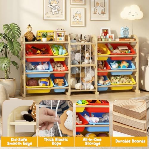 Toy Storage Organizer with Stuffed Animal Storage, 66.1"W Multi Color, 2-Shelf Bookcase / Bookshelf with 12 Toy Bins, Large Toy Organizers and Storage, Toy Box for Playrooms, Bedrooms Organization - Image 4