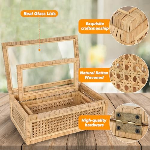 Large Handwoven Boho Rattan Display Boxes with Glass Lids Set of 2 - Image 4