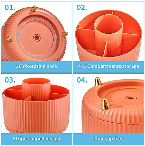 Marbrasse Desk Organizer, 360-Degree Rotating Pen Holder, Desk Organizers and Accessories with 5 Compartments Pencil Holder, Art Supply Storage Box Caddy for Office, Home（Orange） - Image 4