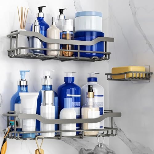 OMAIRA 3-Pack Shower Caddy with Soap Holder, Adhesive Rustproof No-drill Strudy Loading Inside Shower Organizer Shelves Rack Storage Bathroom Organization for Smooth Wall Glass Tile, Grey (XX-Large) - Image 2