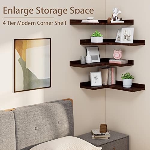 4 Tier Floating Corner Shelves Set of 4, Rustic Pine Wooden Floating Corner Wall Shelf for Wall Décor Storage, L Shaped Corner Shelf Wall Mount For Bedroom, Living Room, Bathroom, Kitchen, Red Brown. - Image 5