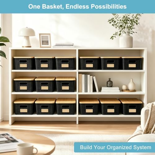Bagnizer Small Plastic Storage Bins with Bamboo Lids 5.2qt Stackable Box Basket Pantry Decorative Containers Cute with Lable for Organizing Desktop Closet Office Black of 6 packs 10 * 7.2 * 4.1" - Image 6