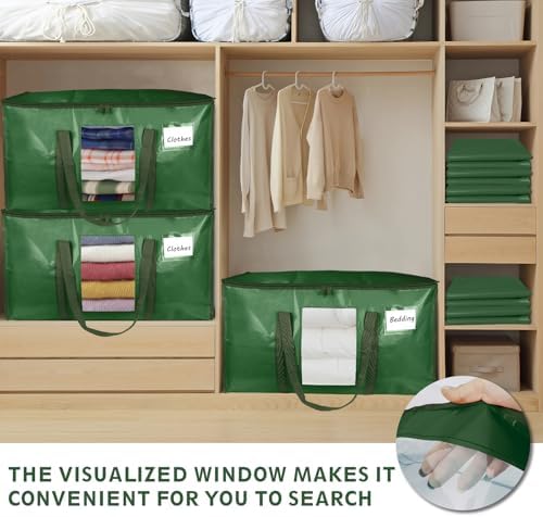 12 Pack Extra Large Moving Bags Heavy Duty 180GSM,130LBS 100L Totes with Visible Window, Zippers & Wrap-Around Handles, Waterproof Reusable, Alt to Moving Boxes, Olive green - Image 6