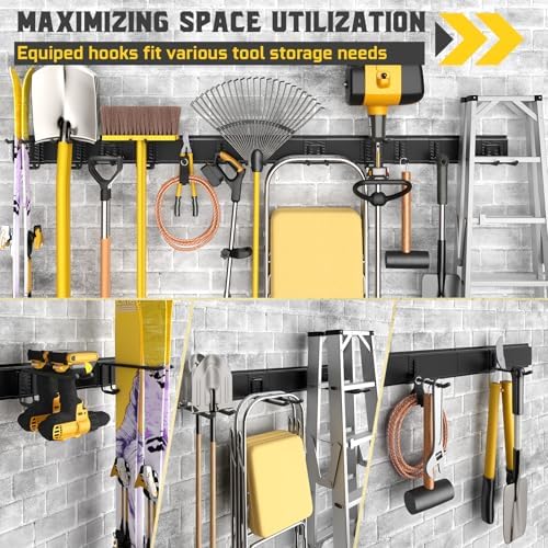 96" Garage Tool Organizer Wall Mount, 1250lbs Heavy Duty Garden Tool Storage Rack with 15 Adjustable Hooks for Yard, Shed, Garage (6 Racks, 15 Hooks, 2 Straps, Steel) - Image 6