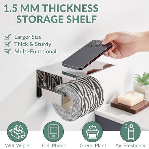 APLusee Polished Chrome Toilet Paper Holder with Phone Shelf, Wall Mounted - Image 3