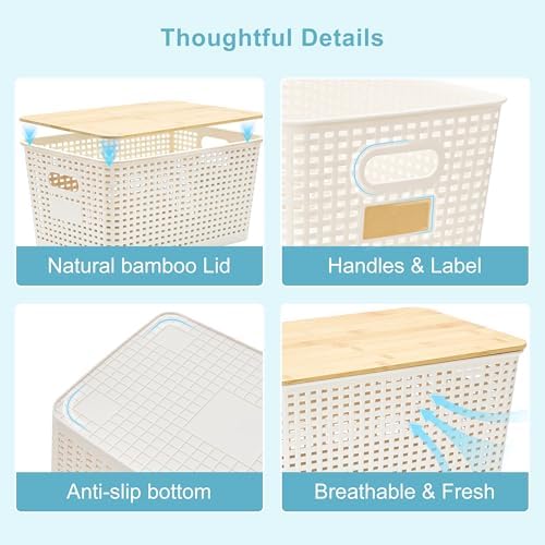 Bagnizer 2 Pack Tall Plastic Storage Bins with Bamboo Lids, 10.8qt Stackable Storages Baskets for Organizing Desktop Closet Playroom Classroom Office, 12"L x 8.3"W x 6.1"H, Cream White - Image 3