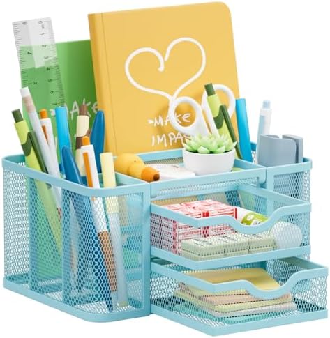 Marbrasse Mesh Desk Organizer, Pen Organizer with 2 Drawer, Multi-Functional Pencil Holder, Desk Organizers and Accessories with 5 Compartments + Drawer for Office Art Supplies (Blue) by Marbrasse