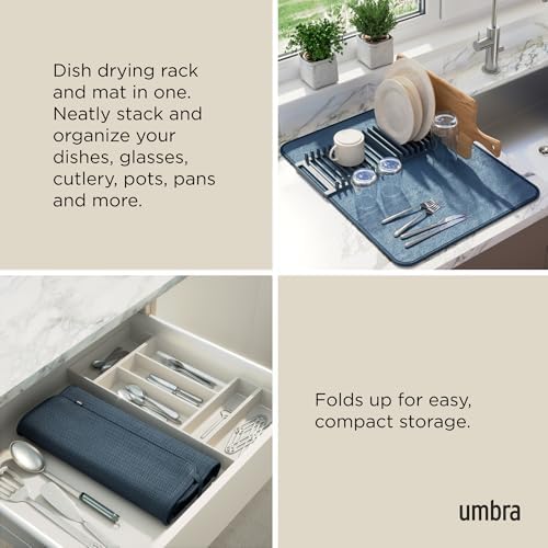 Umbra Udry Dish Drying Rack with Mat, Folds Flat for Storage, Slate Blue - Image 4