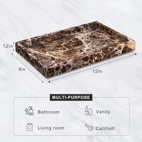 Marble Bathroom Tray for Countertop & Home Decor, Natural Decorative Marble Tray for Jewelry & Perfume Organizer, Luxury Stone Vanity Trays for Dresser, Kitchen Counter, 12" x 8", Brown - Image 2