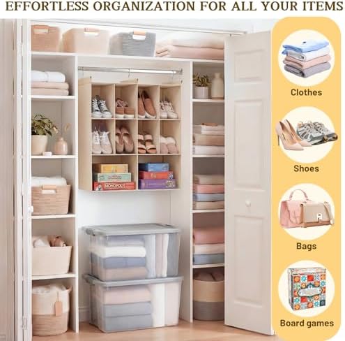 3 Tier Hanging Closet Organizer, 10 Compartments Dual Row Storage, Beige - Image 6