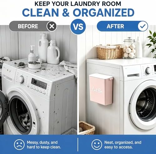 Magnetic Lint Bin with Lid for Laundry Room, Compact Plastic Dryer Lint Holder, Small Laundry Trash Container for Dryer Lint & Used Dryer Sheets, Space Saving Storage Decor Organizer (Pink) - Image 4