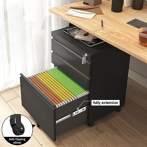 Approgreent 3 Drawer File Cabinet for Home Office, Under Desk Mobile Filing Cabinet with Lock for A4-Size/Letter-Size/Legal-Size, Black (HSEJ-3D) - Image 6