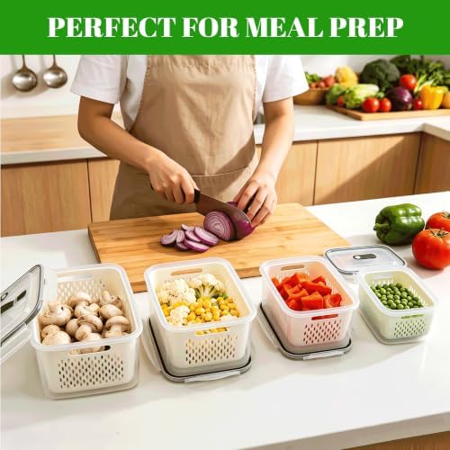 KUK 4 Pack Fruit Storage Containers for Fridge, Leakproof Food Containers with Removable Colander, Fruit Containers for Fridge BPA Free Produce Containers Keep Vegetables Berry Meat Fresh Longer - Image 5