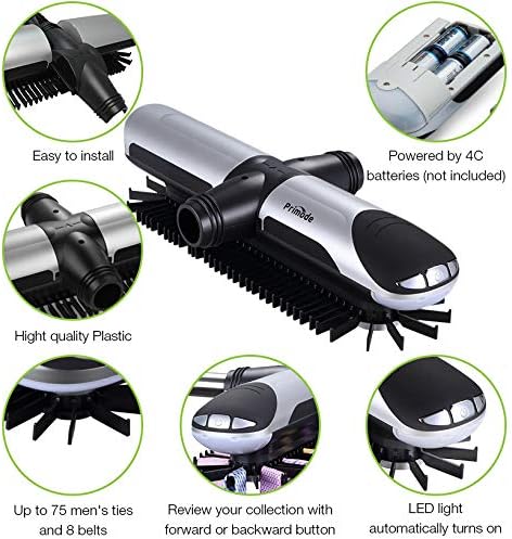 Motorized Tie Rack Closet Organizer with LED Lights Includes J Hooks for Wired Shelving Or Rod Stores Up to 72 Ties & 8 Belts Automatic Rotation Operates with Batteries - Image 2