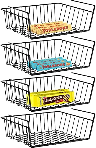 4 Pack Under Shelf Basket, Under Cabinet Organizer Shelf, Durable Metal Wire Rack Hanging Basket Storage Rack, Shelf Organizing for Kitchen/Pantry/Bathroom/Desk-Slide Arms Height:1.45in(Black) by Dveda