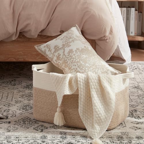 OIAHOMY Large Blanket Basket, 65L Cotton Rope Woven Laundry Basket, Toy Bin for Baby Room, Container for Blanket Storage in Living Room, 20''×16''×12'', Brown & White - Image 2