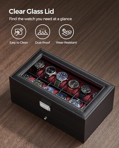 SONGMICS 12-Slot Watch Box, Lockable with Glass Lid, 2 Layers Watch Case - Image 6