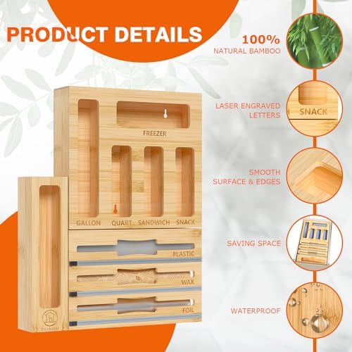 DALSHABET 9-in-1 Bamboo Kitchen Drawer Organizer for Storage Bags and Wrap - Image 5