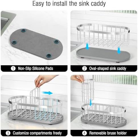 Sink Caddy Sponge Holder for Kitchen with Stone Drying Mat & Brush Holder - Image 5