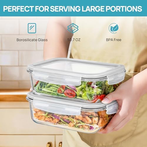 Vtopmart 2Pack 1500ml/50.7oz Large Glass Storage Containers With Lids, Grey - Image 3