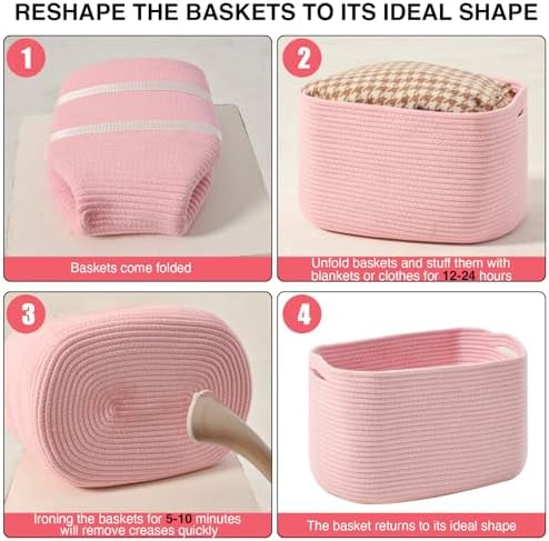ICERZCZ Storage Baskets for Organizing Shelves, Pink Basket for Nursery, Woven Cotton Rope Baskets for Storage, Towel Basket for Bathroom, 15"x11"x9.5", 3 Packs, Light Pink - Image 7