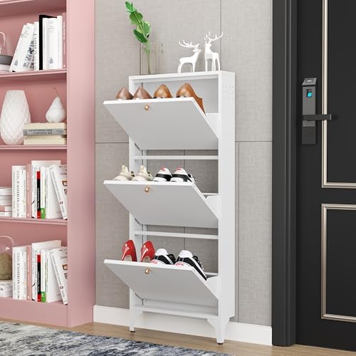 Shoe Cabinet with 3 Flip Drawers, Narrow Shoe Storage Cabinet, Farmhouse Shoe Organizer, Freestanding Organizer with Metal Legs for Entryway, Foyer (White, Narrow 3-Door) - Image 2