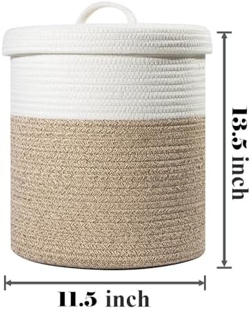 Lidded Storage Basket, Medium Brown & White Cotton Rope Basket - Image 4