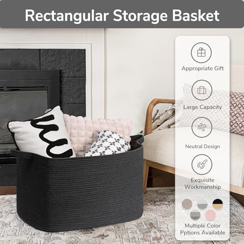 Goodpick 85L Large Woven Rope Blanket Basket, Rectangle, Black - Image 7
