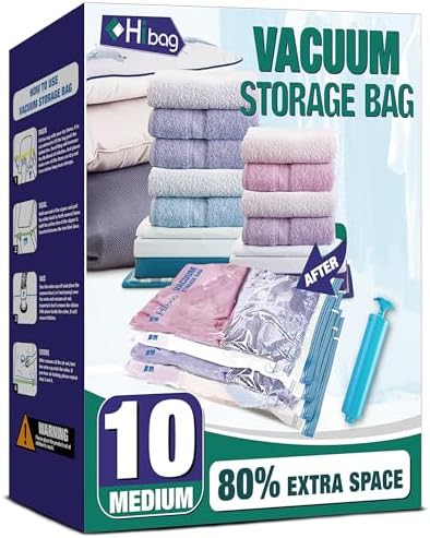 Vacuum Storage Bags, 10 Medium Space Saver Vacuum Seal Bags, Space Bags, Vacuum Sealer Bags for Clothes with Travel Hand Pump (10M) by HIBAG
