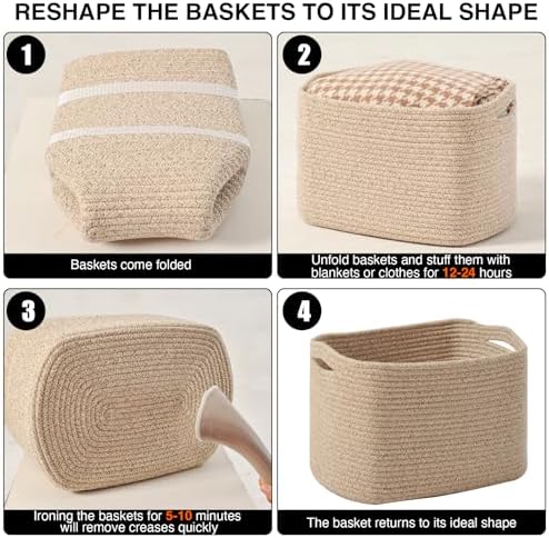 ICERZCZ Decorative Storage Baskets for Organizing Shelves, Toy Basket for Nursery, Woven Cotton Rope Baskets for Decor, Towel Basket for Bathroom, 15"x11"x9.5", 3 Packs, Brown - Image 7
