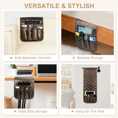 Remote Control Holder for Armchair, Couch Recliner Chair Caddy, Non-Slip Arm Chair Caddy for Recliner with 5 Pockets for Table, Ipad, Magazines, Arm Chair Bedside Caddy Storage Organizer (Brown) - Image 5