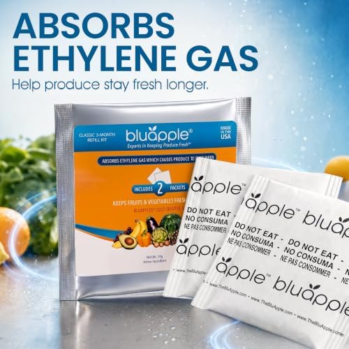 Bluapple Produce Saver Ethylene Gas Absorber - Fresh Fruit & Vegetable Storage for Refrigerator, Each Packet Lasts 3 Months, Produce Storage, BPA Free - Combo Pack (8 Packets & 2 Bluapples for 1 Year) - Image 2