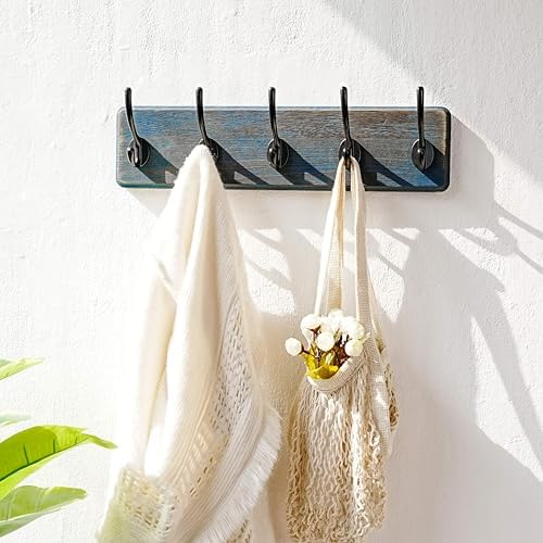 Dseap Coat Rack Wall: Patented, Heavy-Duty, 5-Double-Hooks Wooden Wall Mounted Coat Rack Coat Hanger Hook Rail for Winter Coats Hat Jacket Clothing, Weathered Blue - Image 7