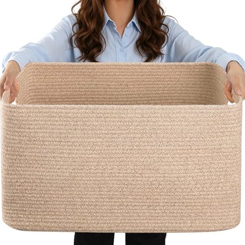 Large 75L Woven Laundry Basket, Collapsible Cotton Rope Storage Hamper for Blankets, Toys, Dirty Clothes, Rectangle Nursery Basket for Living Room, Bedroom, Baby Room - Brown by Hobasket