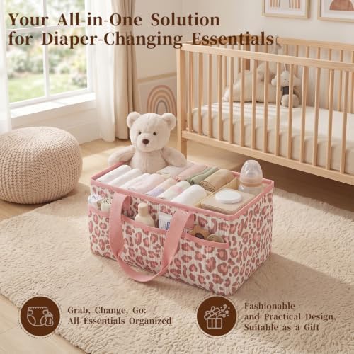 Baby Diaper Caddy Organizer with Portable Changing Mat-Portable Baby Organizers and Storage, Gift for Baby Shower, Corduroy Baby Essentials Organizer with Removable Dividers (Pink Leopard) - Image 3