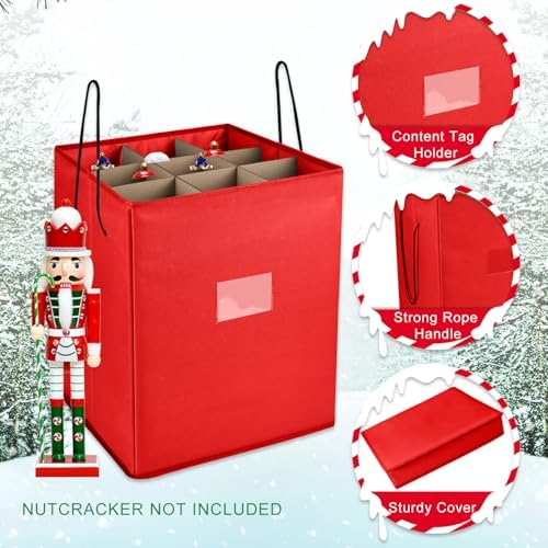Christmas Nutcracker and Figurine Collectible Storage Box, Fits 9 Holiday Ornaments, Stores Up to 16" Tall Ornaments, Holiday Decor Organizer with Dividers, Nutcracker not Included(Red) - Image 2