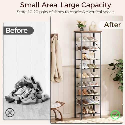 MAHANCRIS 10 Tier Narrow Shoe Rack Organizer, Tall Slim Shoe Storage for Small Space, Holds 10-20 Pairs, Metal Shoe Shelf with Wooden Top for Entryway Closet Bedroom, Rustic Brown and Black SRHR11401 - Image 4