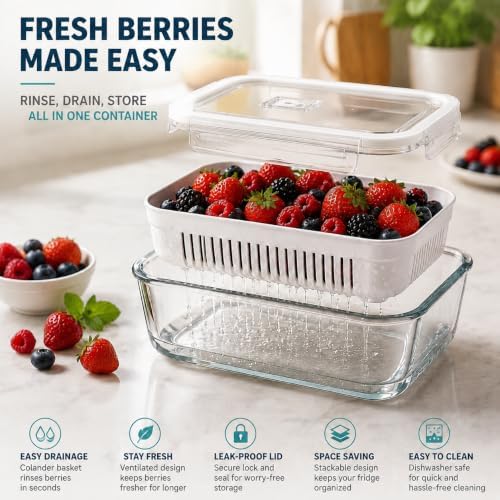 Glass Berry Containers for Fridge, 5 Pack, 2x56oz 2x35oz 1x25oz, with Removable Colanders and Vent Valve Lids, Glass Fruit Storage Containers for Refrigerator, Fresh Produce Storage Set(white) - Image 3