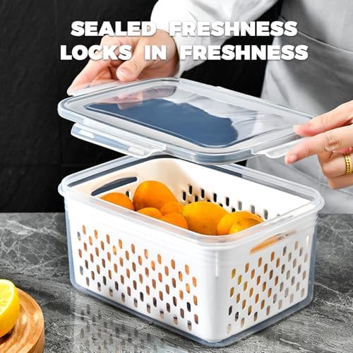 3 Pack Fruit Storage Containers for Fridge with Removable Colander – Airtight Produce Storage Containers with Lids, BPA-Free Berry Keeper for Vegetables, Lettuce & Meal Prep (29oz+59oz+112oz) - Image 2