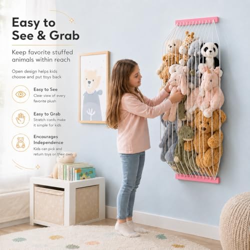 Stuffed Animal Storage Wooden Soft Toy Storage for Kids Room，Wall Mount Door Hanging Stuffed Animal Toy Organizer Shelf for Nursery Play Room Pink -Patent - Image 3