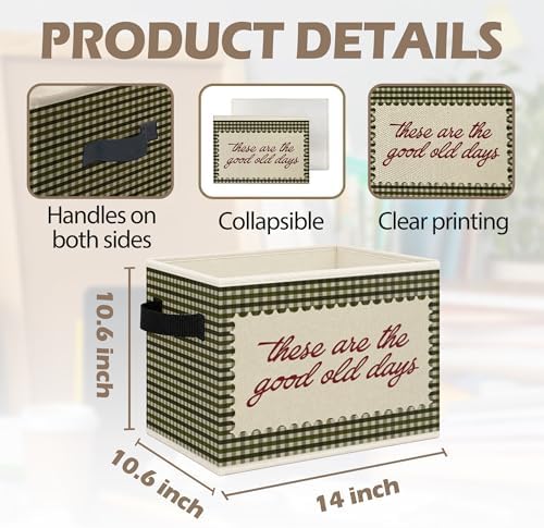 Inspirational These Are the Good Old Days Foldable Storage Bins Box with Handles, Green Gingham Plaid Motivational Collapsible Toys Books Clothes Organizer Basket for Kids Bedroom Bathroom - Image 7