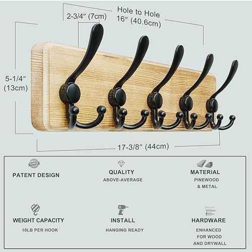 Dseap Coat Rack Wall Mounted - 5 Tri Hooks, Heavy Duty, Wooden Wall Coat Hanger Coat Hook for Clothes Hat Jacket Clothing, Natural & Black - Image 5